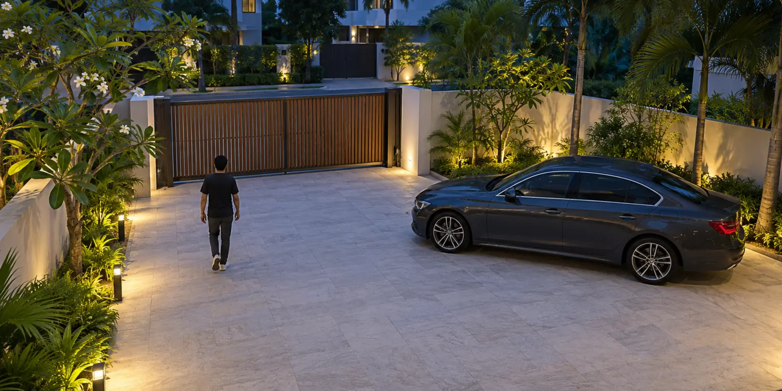 Driveway and gate of a landed home at dusk, seen from a high camera position, with a person walking and a parked car