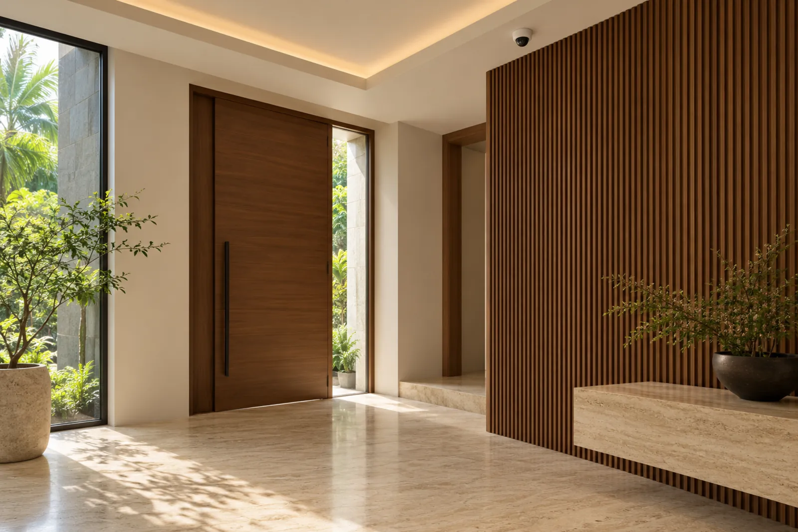 Minimal luxury entrance foyer with a small flush ceiling camera