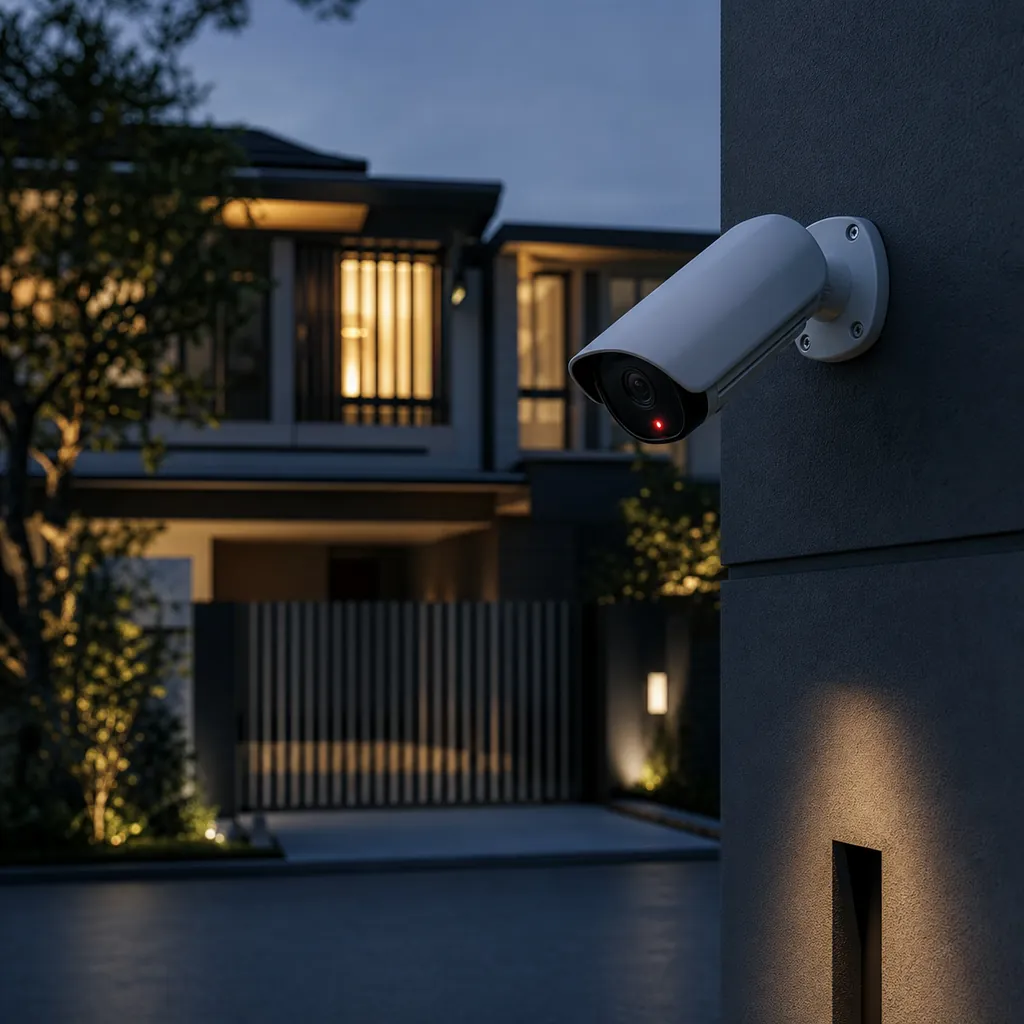 Modern landed house at dusk with a wall-mounted security camera beside the gate