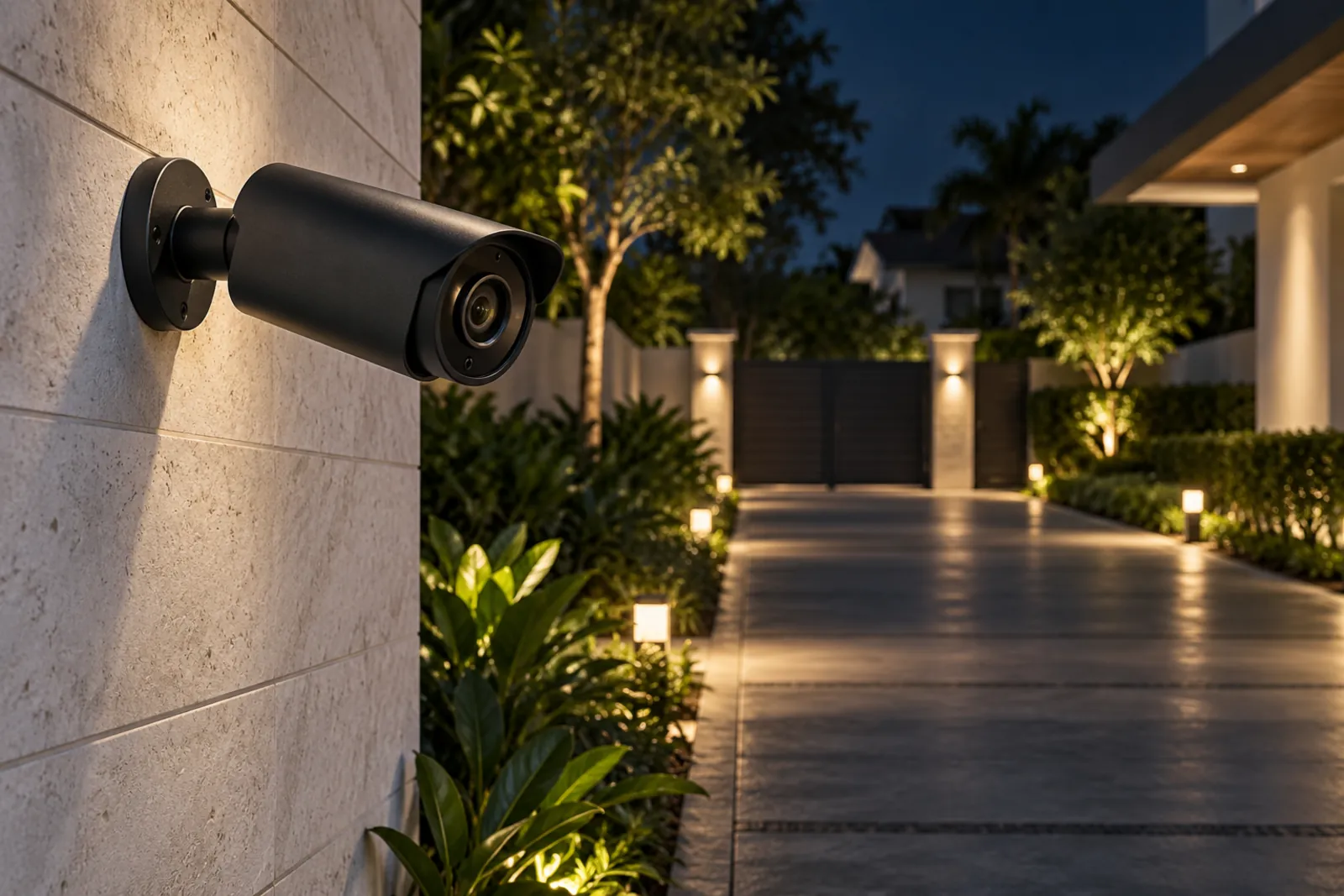 Slim surveillance camera on a boundary wall overlooking a lit driveway at night