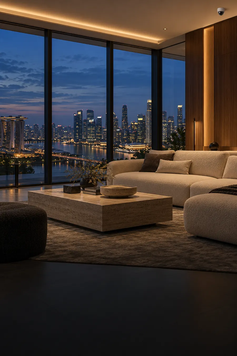 Penthouse living room at dusk with city lights beyond the glass and a small ceiling camera