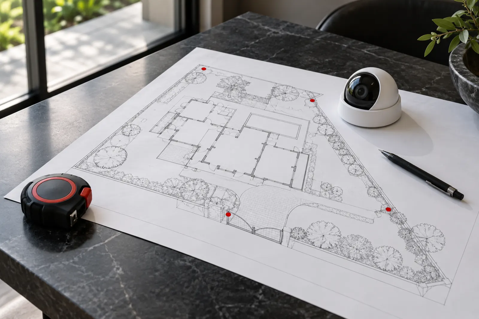 Architectural site plan on a stone table with red markers, a measuring tape, a pencil and a small dome camera